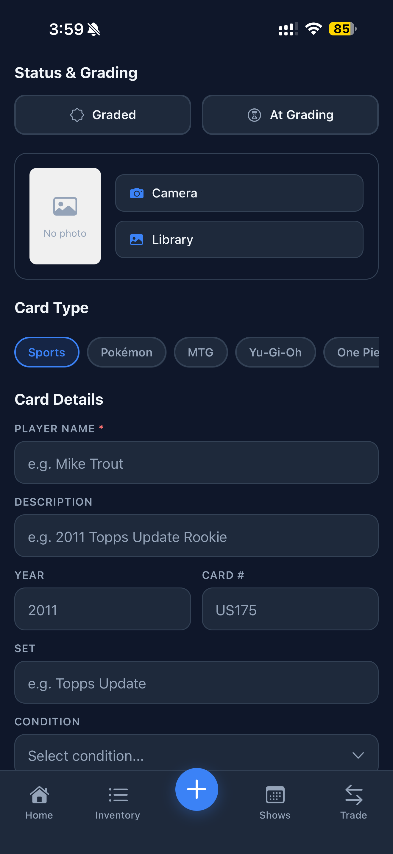 Quick Add screen for entering a card
