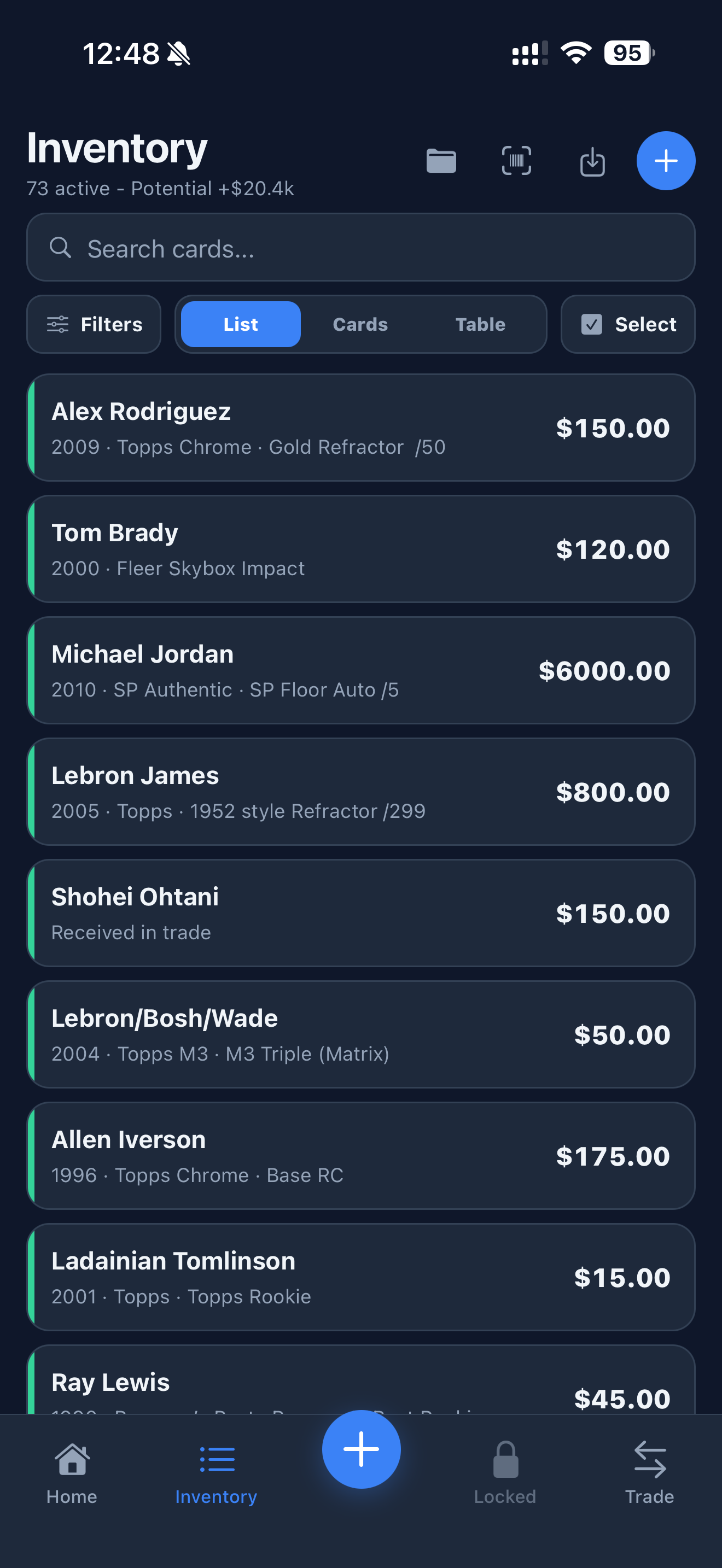 Inventory screen with active cards and prices