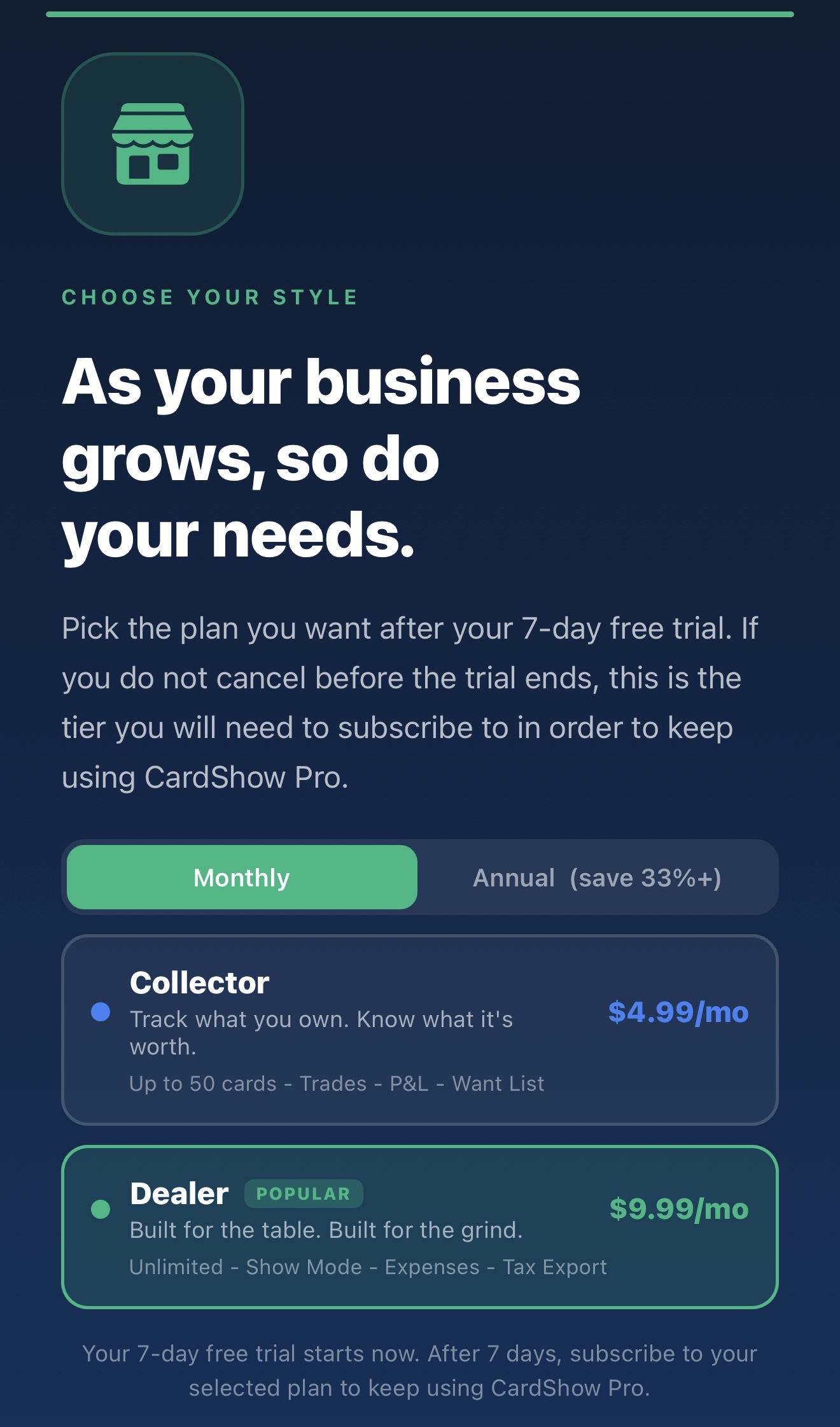 Collector and Dealer pricing screen