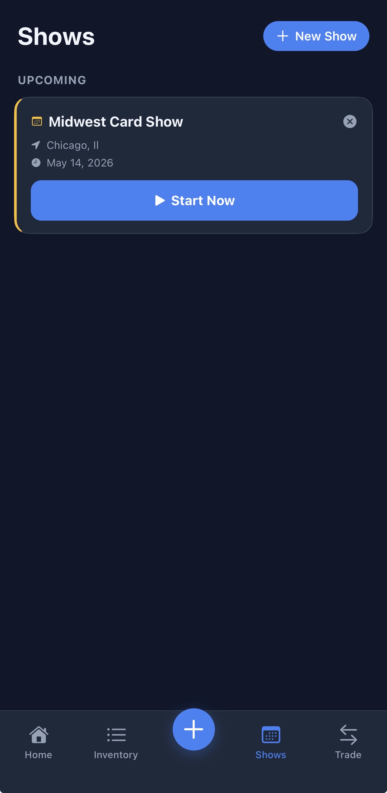 Shows screen with an upcoming card show